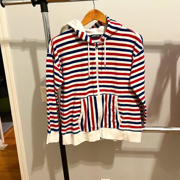 Lands' End Tops - Lands' End Terry Red White Blue Hoodie Size Medium Petite